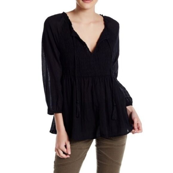 Melrose and Market Blue Smocked Peasant Tassel Top Small - Picture 3 of 9